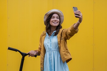 Stylish Woman Takes Selfie with Electric Bike Against a Vibrant Yellow Background, Capture the Trend: Woman Poses with E-Bike and Yellow Backdrop for a Modern Selfie, Eco-Friendly Selfie: Woman with E