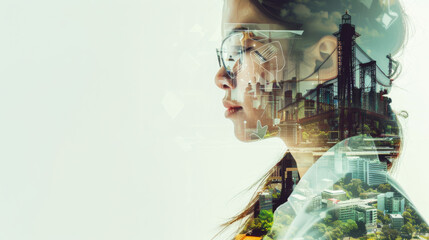 A construction worker gazes at an urban skyline during sunset, reflecting on her contribution to the city's development and growth