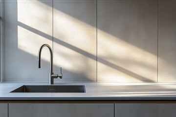 A close-up shot of the kitchen wall, featuring light beige cabinets and an integrated sink with a silver faucet, showcasing minimalistic design elements.