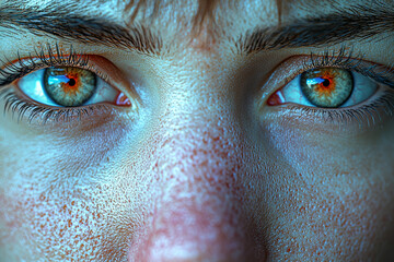 Naklejka premium A close-up of a person's face with a red nose and eyes showing signs of fatigue, with medication and tissues in the background. Concept of dealing with a cold.