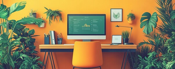 A vibrant home office scene featuring a stylish desk, computer, and lush plants against an orange wall, ideal for inspiration.