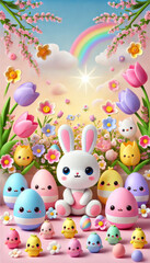 Obraz premium Easter Bunny with Rainbow and Happy Eggs in Spring Garden