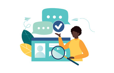 vector illustration person online communication and profile verification. chat bubbles, checkmark, and amagnifying glass, it emphasizes digital networking, identity validation, and interaction, symbol