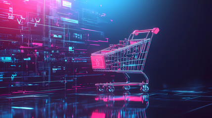 Innovative retail revolution with ai integration: high-tech background and shopping cart symbolizing enhanced shopping experiences. Android Revolt. Illustration
