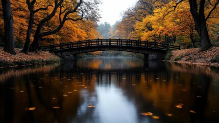An old bridge over a slow-moving river surrounded by autumn trees, where fallen leaves float on the water's surface, adding to the quiet, moody scene
