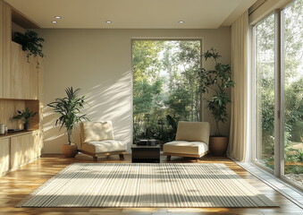 A white wall in the living room with two beige armchairs and a black coffee table, a striped carpet on the floor, wooden cabinets on one side of the window