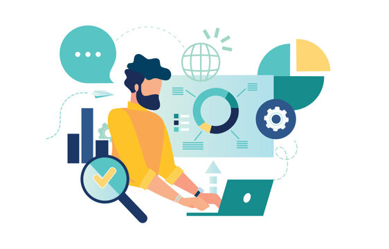 vector illustration showcasing business professional analyzing data , statistics through digital tools. Featuring charts, graphs, teamwork elements, represents innovation, productivity, strategic grow