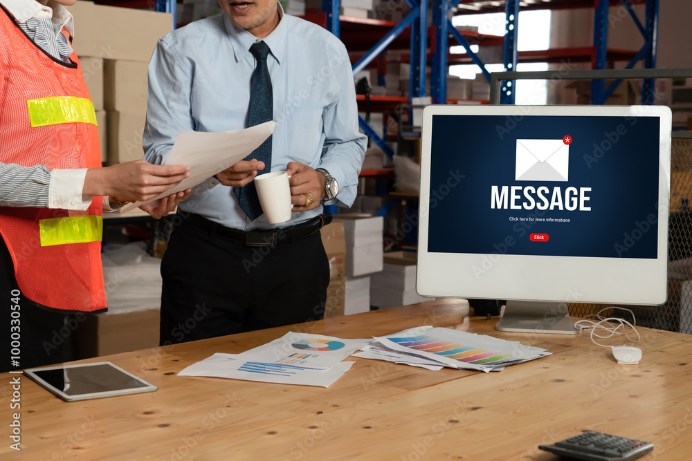 Poster email notification message showing on computer screen snugly. digital marketing message information 