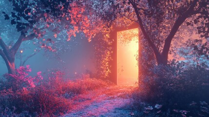 Obraz premium A Glowing Doorway Through a Misty Forest