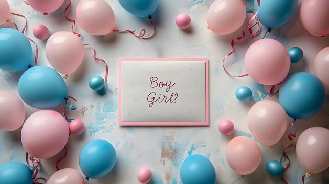 Boy or Girl gender reveal card surrounded by pink and blue balloons. Flat lay gender reveal party composition. Celebration concept. Design for banner, marketing, postcard, and print with copy space