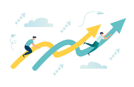  teamwork vision path goal success. study horizons work finding ways develop. people stand profit, growth arrows Career decision choosing direction choices for future opportunity vector illustration 