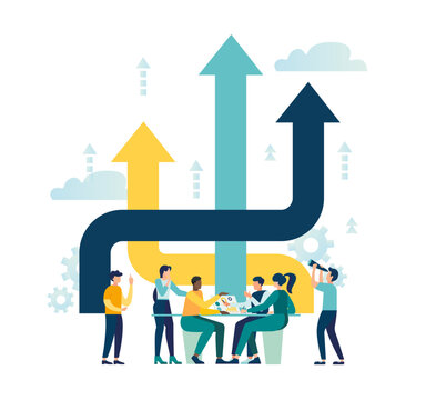 Business decision making, team works on project and decides which way to go makes choice in development of idea. arrows up as graphs of growth and success of company. vector illustration