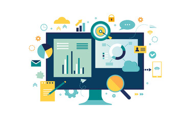 vector illustration shows digital dashboard with charts, graphs, and analytical tools, symbolizing data analysis, business insights, and digital marketing. Surrounded by icons like a target, magnify