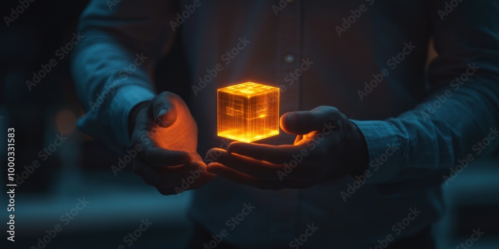 Wall mural a person is holding a glowing cube of light in their hands. the scene is dark with a soft focus. thi