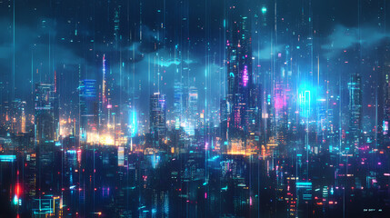 Fototapeta premium Gpt digital rain over cityscape, neon cyberpunk. Digital Rain. Illustration