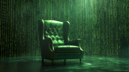 Green leather chair in the center of a green digital rain lit room. Digital Rain. Illustration