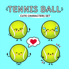 Funny cute happy Tennis ball characters bundle set. Vector hand drawn doodle style cartoon character illustration icon design. Isolated on blue background. Tennis ball mascot character collection