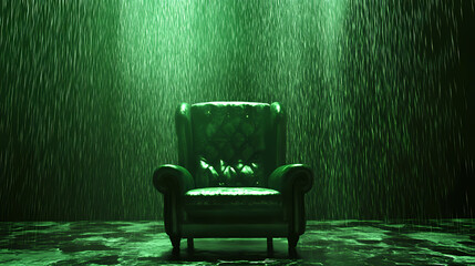 Green leather chair in the center of a green digital rain lit room. Digital Rain. Illustration