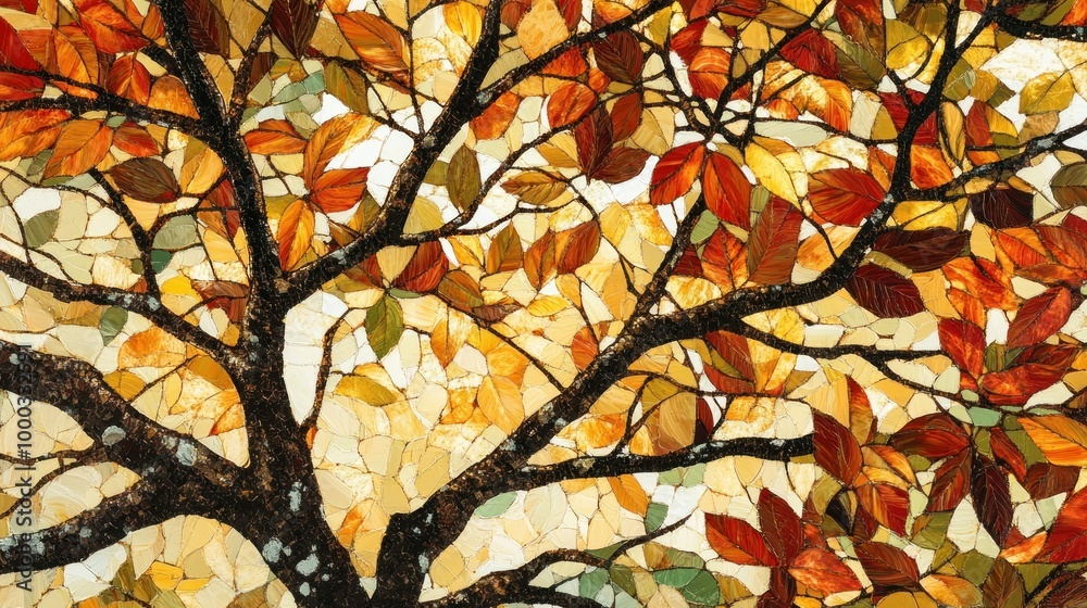 Sticker Abstract Oil Painting of Fall Leaves on a Tree Branch