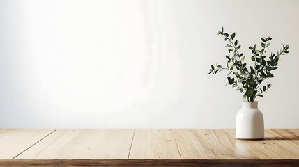 Kitchen wooden countertop on white wall background. Minimalistic room with tabletop and plant in vase for product presentation. Clean closeup mockup