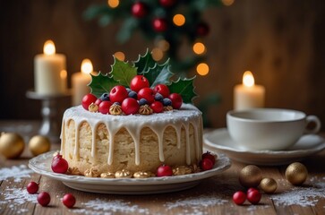 a festive Christmas cake decorated with cranberries