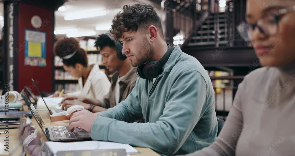 Poster research, learning and laptop with man in library for knowledge, education and college thesis. acade