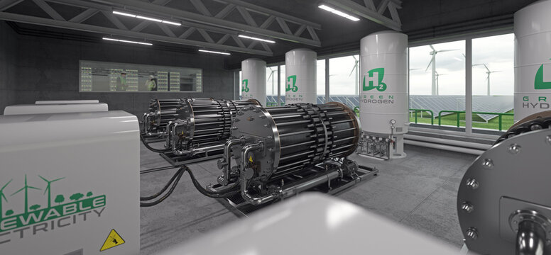 Electrolyzers producing green hydrogen. Realistic 3D render.