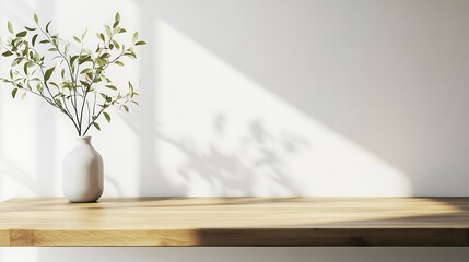 Kitchen wooden countertop on white wall background. Minimalistic room with tabletop and plant in vase for product presentation. Clean closeup mockup