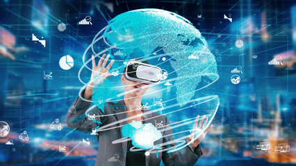 Businesswoman user moving big data dynamic world monitor to zoom out through VR future global market innovation interface digital infographic network technology visual hologram animation. Contraption.