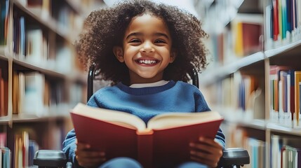 Happy young disabled student in a wheelchair reading a book in the library, showcasing inclusive and diverse education.