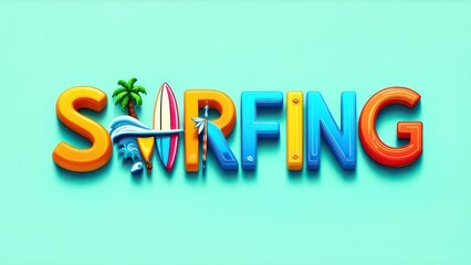 3D text "Surfing" made of surfboards, waves, and palm trees, on a light turquoise background, in vibrant colors, with simple shapes, in a flat design, as digital art