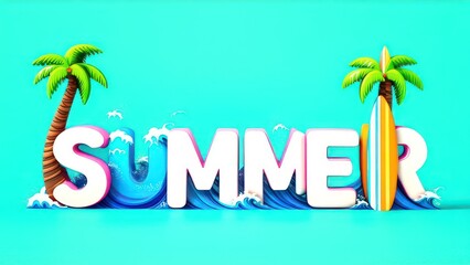  3D text "summer" made of surfboards, waves, and palm trees, on a light turquoise background, in vibrant colors, with simple shapes
