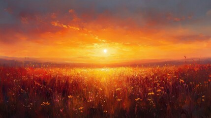 Fototapeta premium Sunset Over Flower Field