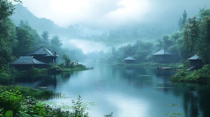 Fototapeta premium Misty morning with tranquil lake and wooden houses surrounded by lush greenery.