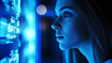 A female IT specialist analyzes AI cyberspace threats in a dimly lit data center, surrounded by blue light.