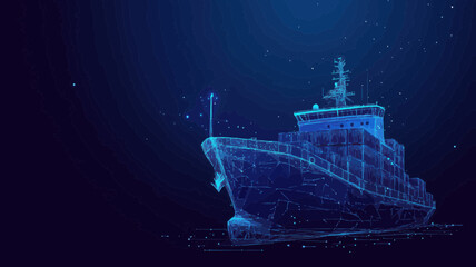 Abstract Low Poly 3D Cargo Ship in Starry Digital Mesh - Transportation, Logistics, International Shipping, Dark Blue Background, Minimalist Technology Vector Illustration