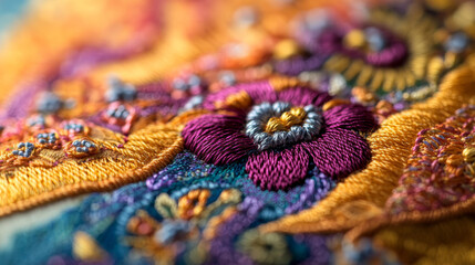 Obraz premium Depict a close-up view of a piece of fabric adorned with detailed embroidery. Highlight the texture, colors, and stitches used in the design, such as satin stitches, French knots, or cross-stitches.