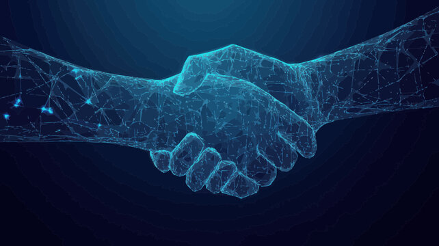 Digital Handshake on Polygonal Grid Background Depicting Business Partnership Concept in 3D Low Poly Wireframe Illustration