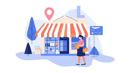 Flat design illustration of shopper finding nearest store using location marker concept for business and marketing, includes storefront, shopping bags, and navigation elements in a pastel color scheme