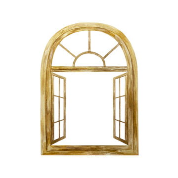 Wooden window frame with open shutters, vertical. Hand drawn watercolor illustration isolated on white. For certificates and invitations, postcards, posters, banners, labels.