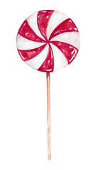 Christmas red and white lollipop. Sweet candy realistic hand drawn watercolor illustration on white