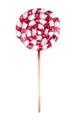 Christmas red and white lollipop. Sweet candy realistic hand drawn watercolor illustration on white
