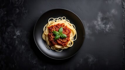 Fototapeta premium A plate of spaghetti topped with tomato sauce and basil on a dark background.