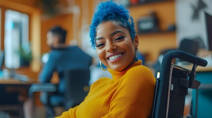 Smiling Black woman in a wheelchair with blue hair represents diversity in a positive, inclusive workplace.