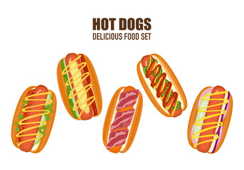Delicious fast food illustration sets of fast food, homemade hot dogs, sandwiches, sausages, bread, top view, toppings, cooking, and fast food menus are isolated on a white background for advertising.