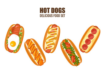 Delicious fast food illustration sets of fast food, homemade hot dogs, sandwiches, sausages, bread, top view, toppings, cooking, and fast food menus are isolated on a white background for advertising.