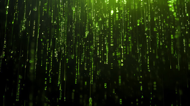 Matrix code rain wallpaper neon green alphanumeric symbols flowing down a black background. Digital Rain. Illustration