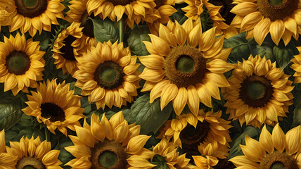 A photorealistic pattern of vibrant sunflowers in full bloom, detailed petals and realistic textures, bright yellow against a neutral background, arranged in a seamless repeating pattern. Hyper-realis