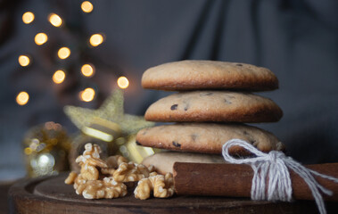 Stack of chip cookie with Christmas decoration background. Christmas candy.