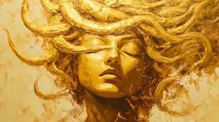 Medusa portrait gold theme oil pallet knife paint painting on canvas with large brush strokes modern art illustration abstract from generative ai. Medusa. Illustration